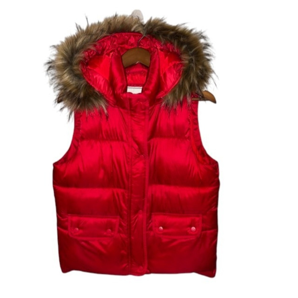 Abercrombie & Fitch Red Puffer Vest Faux Fur Hood Water Resistant Womens Medium
